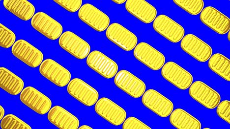 oval gold coins on blue chroma key. loop able 3d animation.