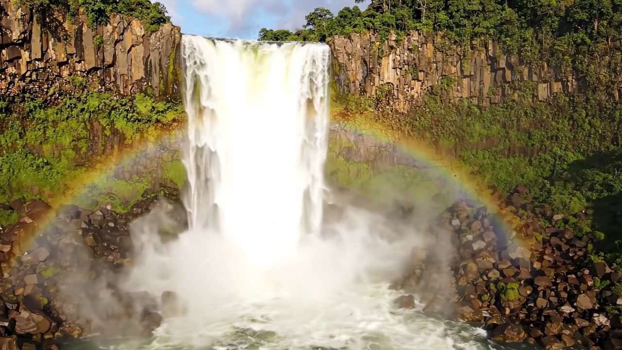 Una majestuosa cascada desciende con un impresionante arcoíris, rodeada de exuberante vegetación y una belleza natural asombrosa, capturada en dos momentos increíbles.