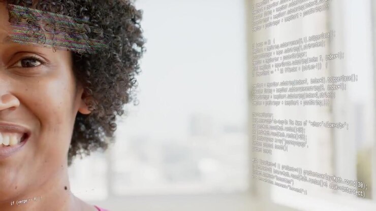 Vertical video: Mid-adult woman smiling with code overlays appearing over face, showing tech demo