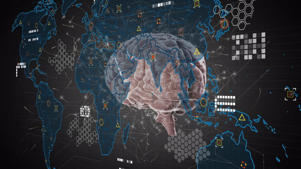 Animation of world map and icons over rotating brain on black background