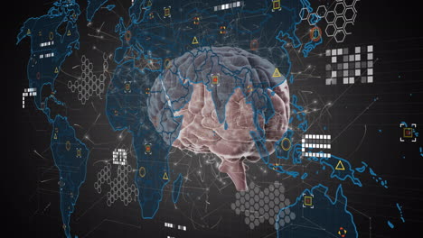animación del mapa del mundo y los iconos sobre el cerebro giratorio sobre fondo negro