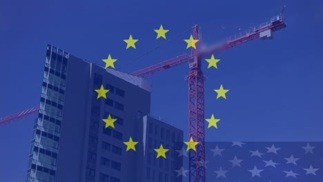 european flag with crane working on building in the background