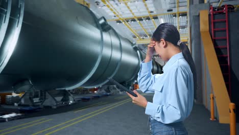 side view of woman not satisfied and shakes her head while using tablet in pipe manufacturing factory