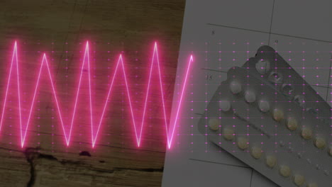 animation of cardiograph over pills and calendar on wooden background