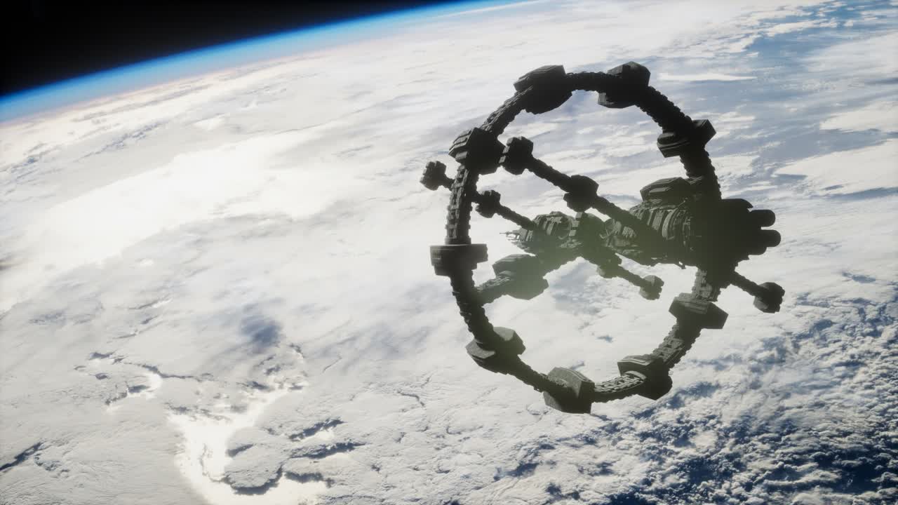 지구와 우주선의 모습. iss는 지구를 공전하고 있습니다.