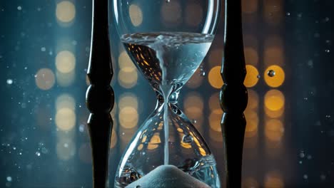 an artistic representation of time passing: a close-up view of an hourglass filled with water and sand, capturing the essence of fluidity and change against a bokeh background