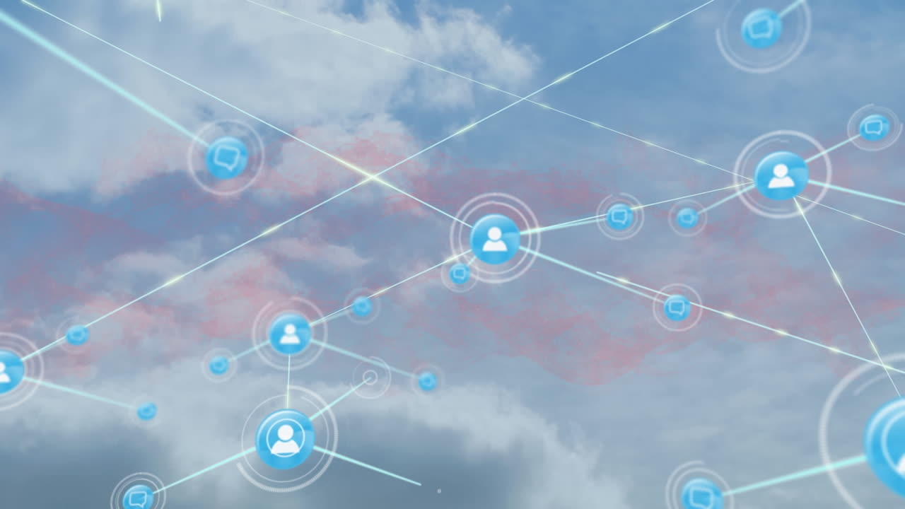 animación de la red de conexiones con las personas iconos sobre el cielo