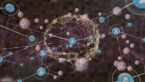 animation of network of connections over virus cells and digital brain model