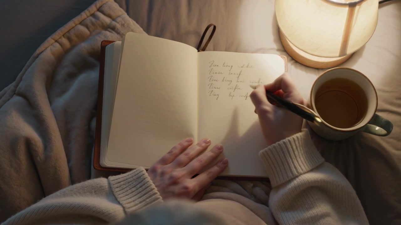 Penna che tocca la pagina, mano destra che scrive su un quaderno sul letto per il journaling, indossando un maglione a coste.