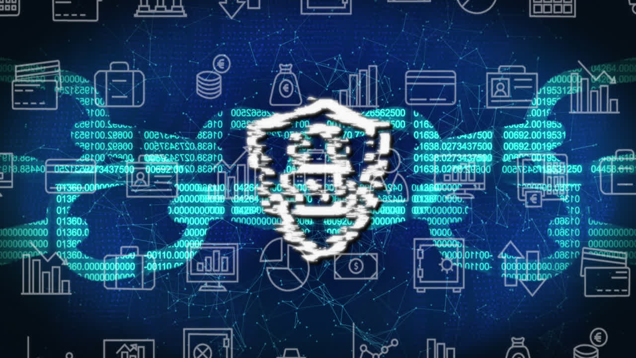 animación de iconos de negocios sobre el procesamiento de datos en fondo negro.