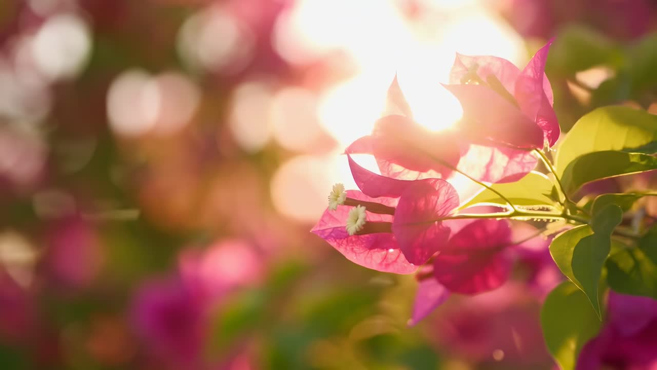 Video ravvicinato di vivaci fiori rosa illuminati dal sole, ripreso all'altezza degli occhi per un effetto sognante
