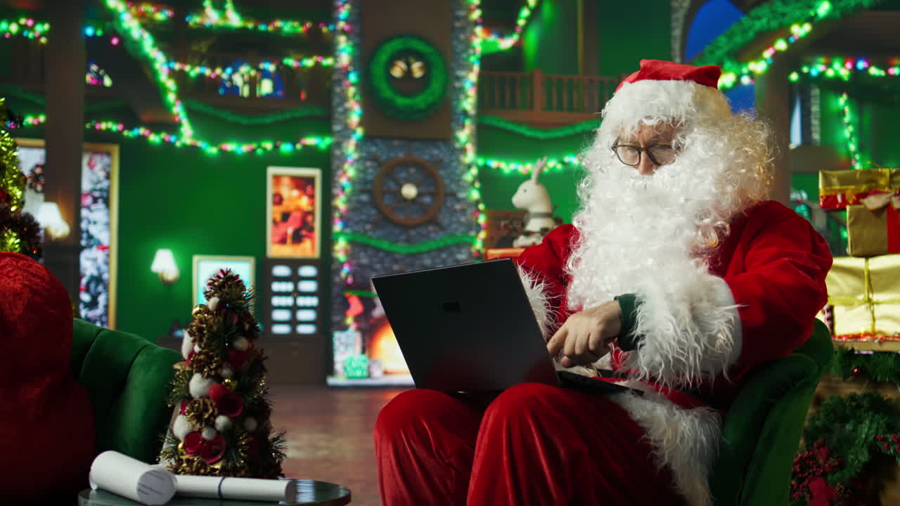 산타클로스는 크리스마스 동안 노트북에서 일합니다.