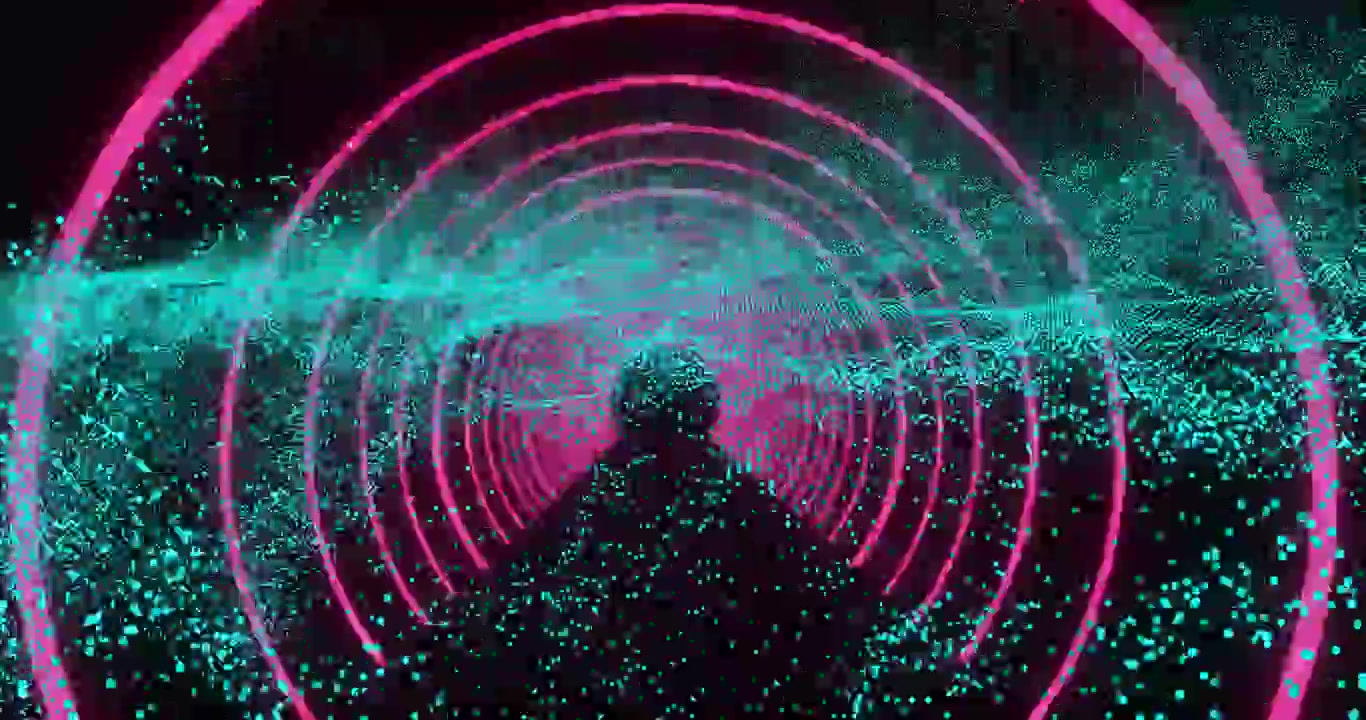 Una figura che emerge causando lo spostamento di anelli al neon e una nuvola color verde acqua, evidenziando un percorso centrale in un tunnel