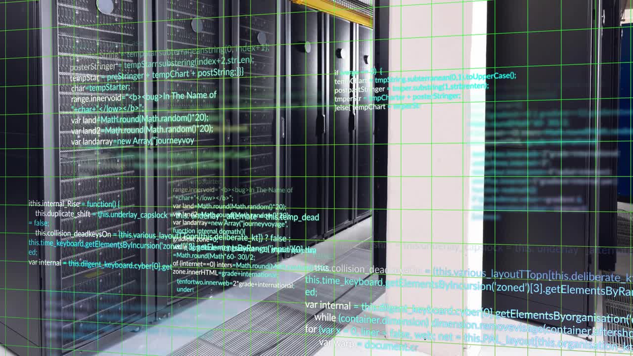 Animation of multicolored computer language over data server room