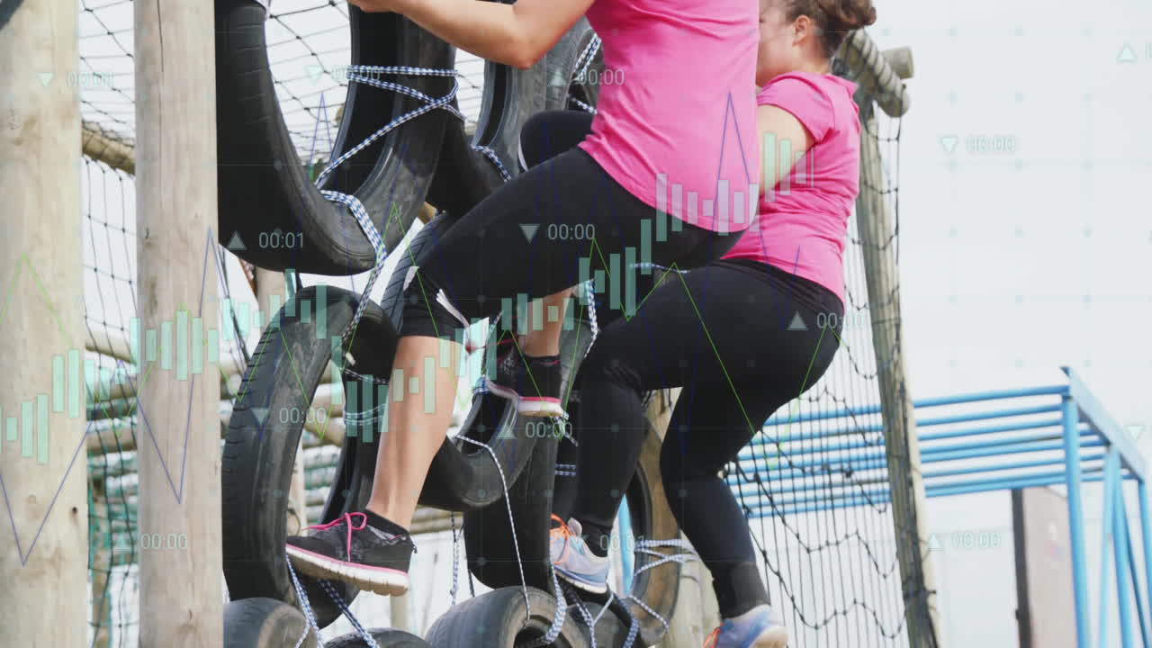 Women climbing tire obstacle with financial data processing animation overlay