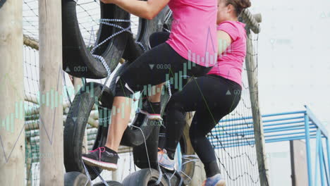 women climbing tire obstacle with financial data processing animation overlay