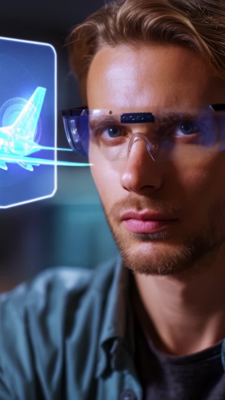 A man wearing augmented reality glasses interacts with a holographic airplane, showcasing innovative technology and advanced visual experiences in modern applications