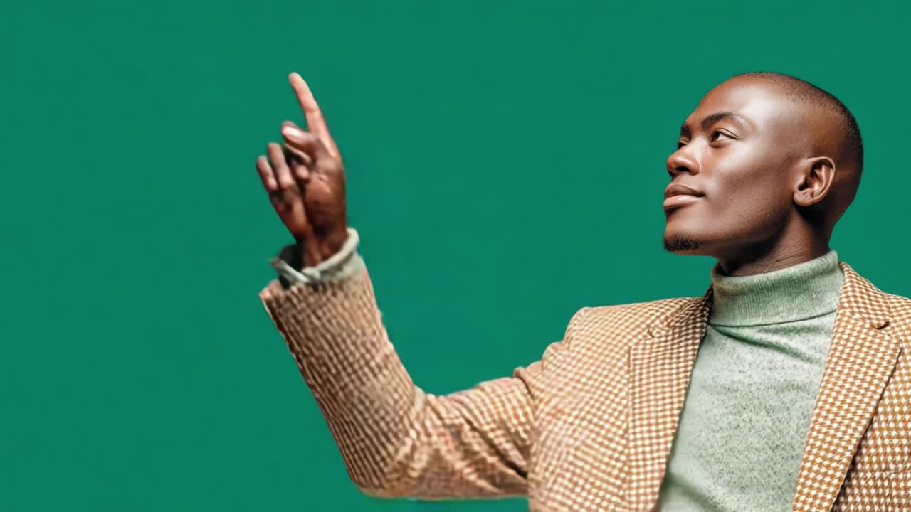 A Confident Presenter Engaging with an Audience, Highlighting Ideas and Concepts Against a Vibrant Green Background in a Stylish Outfit