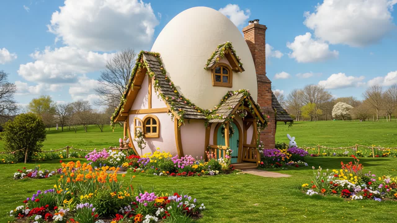 Charming Egg-Shaped Cottage Surrounded by Vibrant Flower Garden, Bathed in Bright Sunshine with Lush Green Grass and Fluffy Clouds Above