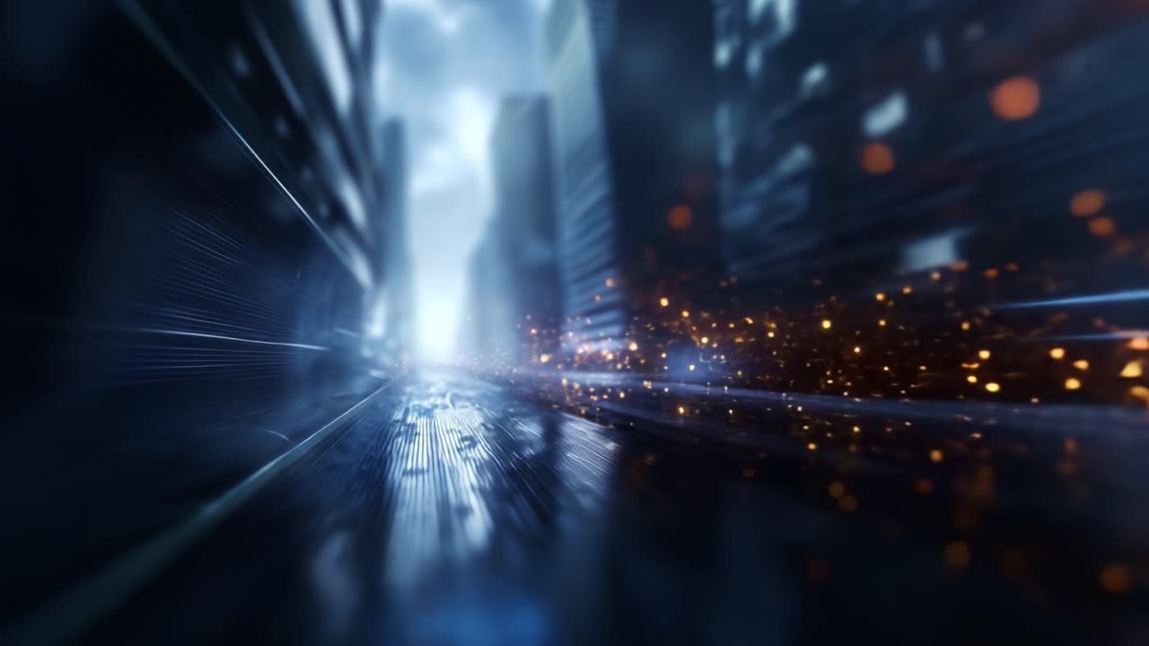 Abstract motion blur captured in vibrant colors showcasing an illusion of speed and dynamism, set against a futuristic digital cityscape backdrop