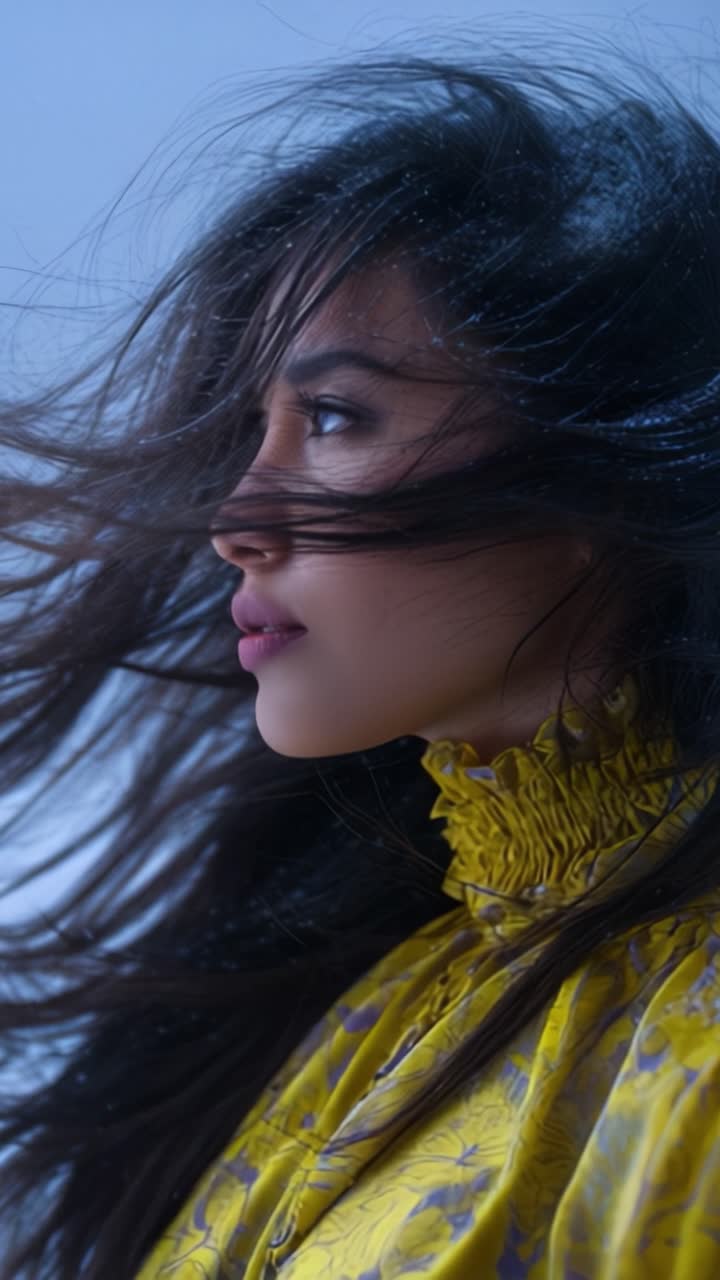 Una donna con capelli fluenti e uno sguardo espressivo, che indossa un'elegante camicetta gialla, ritratta su uno sfondo blu tenue, mostrando un momento di bellezza e grazia