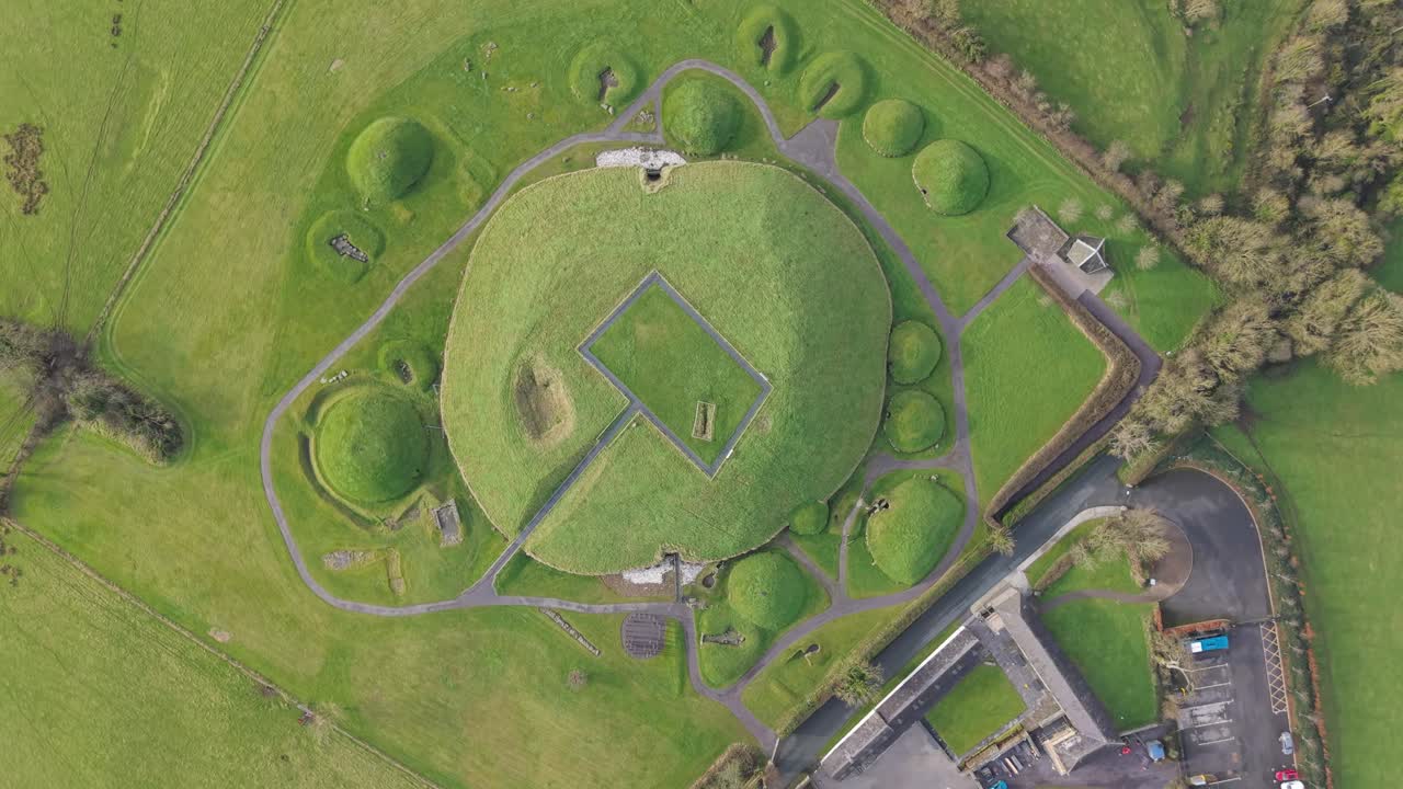Knowth, a prehistoric monument with grass-covered mounds in ireland, aerial view