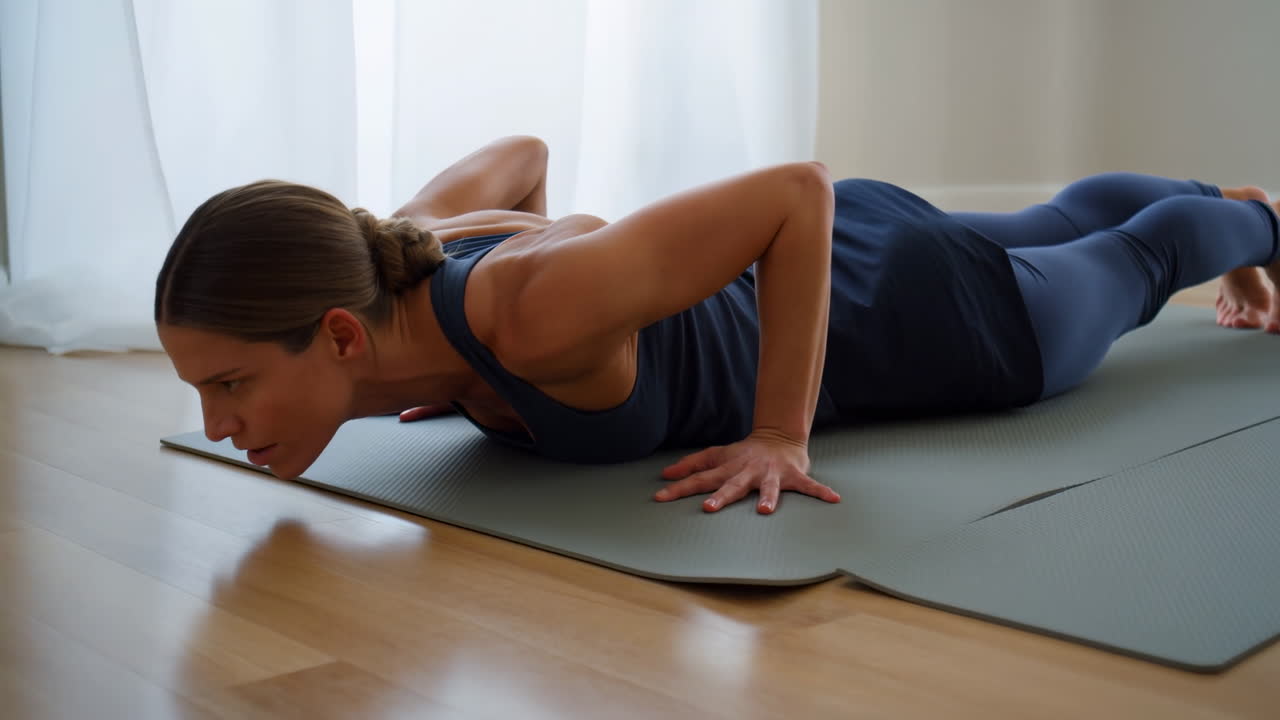 Donna che esegue una flessione bassa su un tappetino vicino alla finestra, respirazione concentrata e movimento controllato, core attivo.