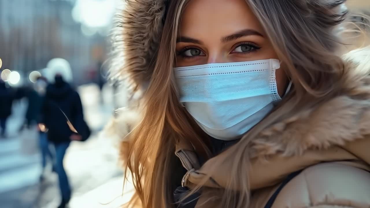 Женщина в маске на улице города