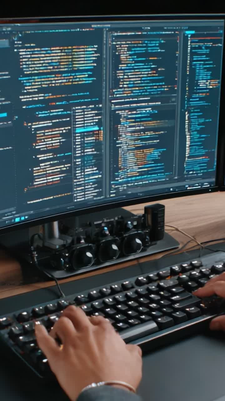 Soustředěné programování: pohled do světa kódování s několika okny s kódem otevřenými na moderní pracovní stanici a klávesnicemi v akci