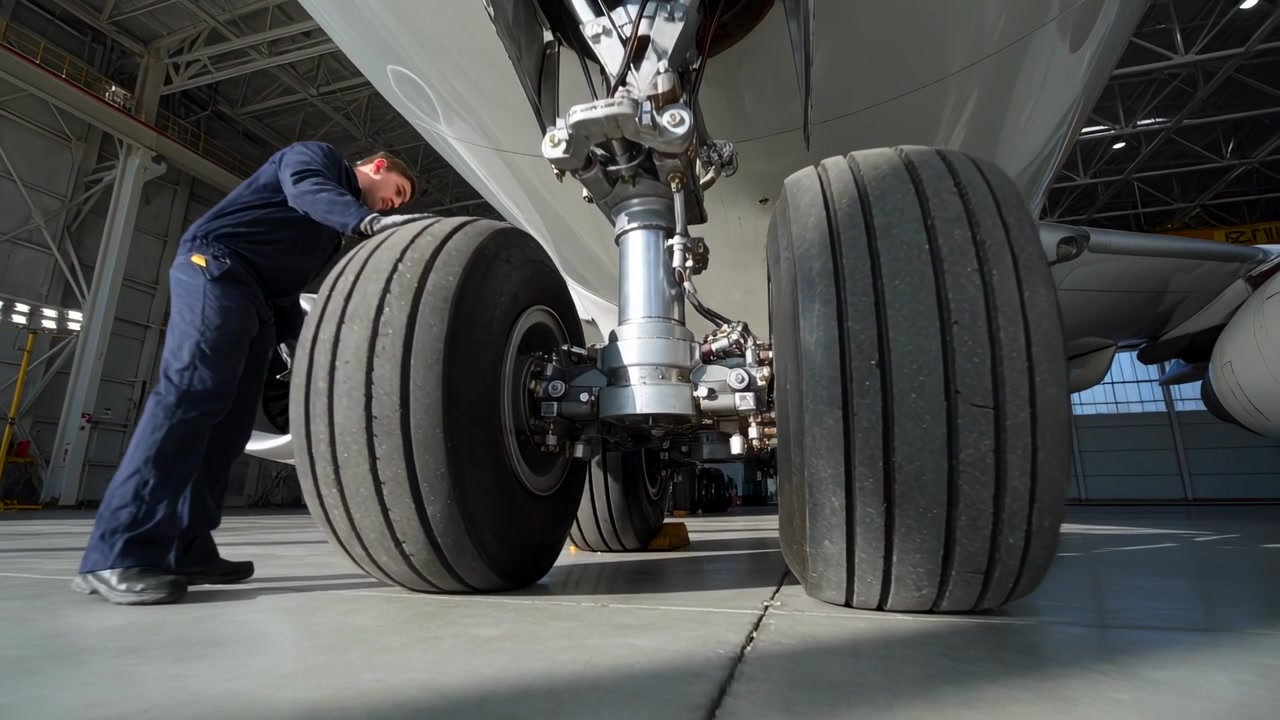 Inspecting tech in blue coveralls checking nose gear after parking in ...