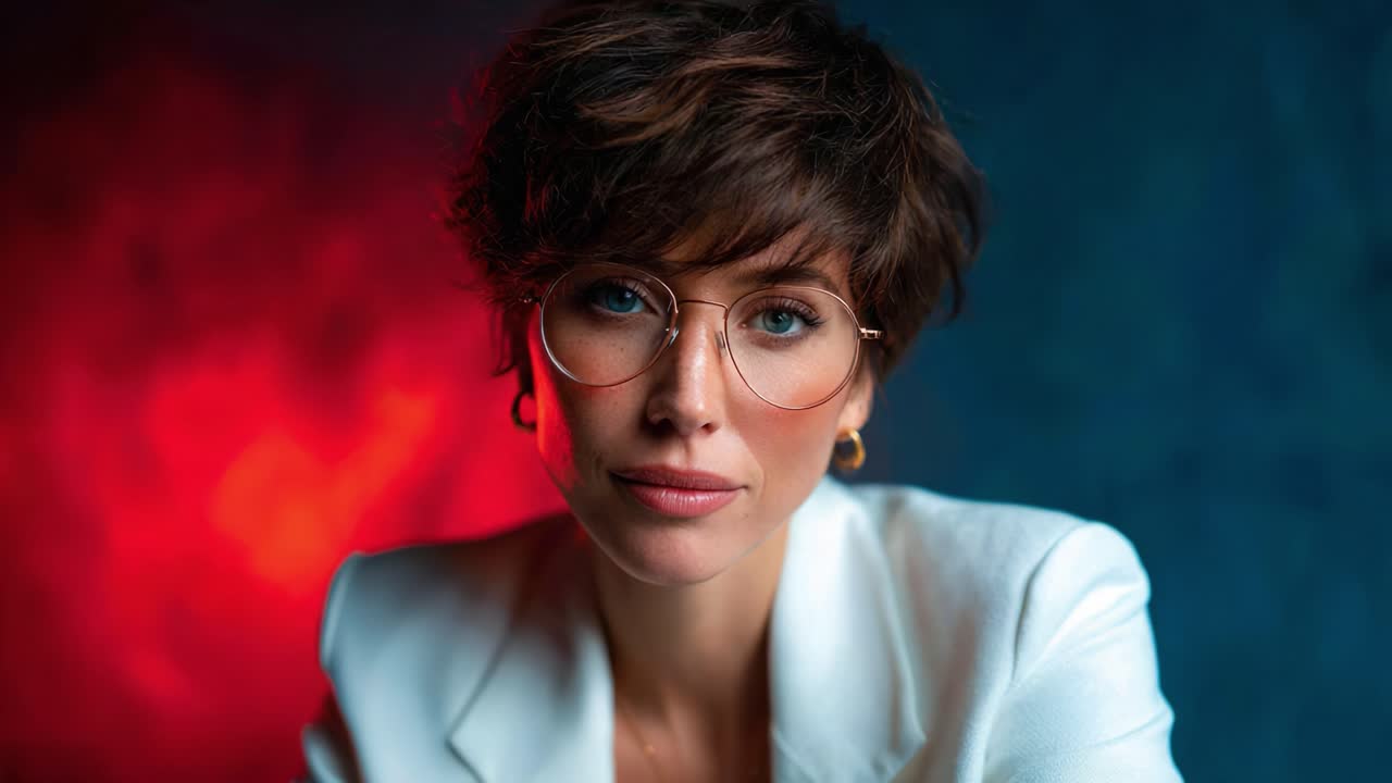 A Captivating Portrait of a Stylish Individual with Short Hair and Glasses, Showcasing a Blend of Fashion and Expression in a Vibrant Setting