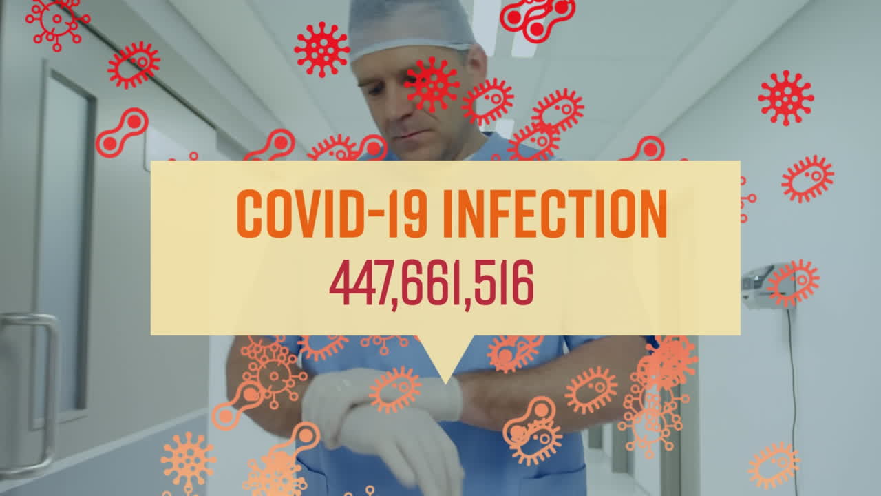 Animation of covid 19 text over surgeons in hospital