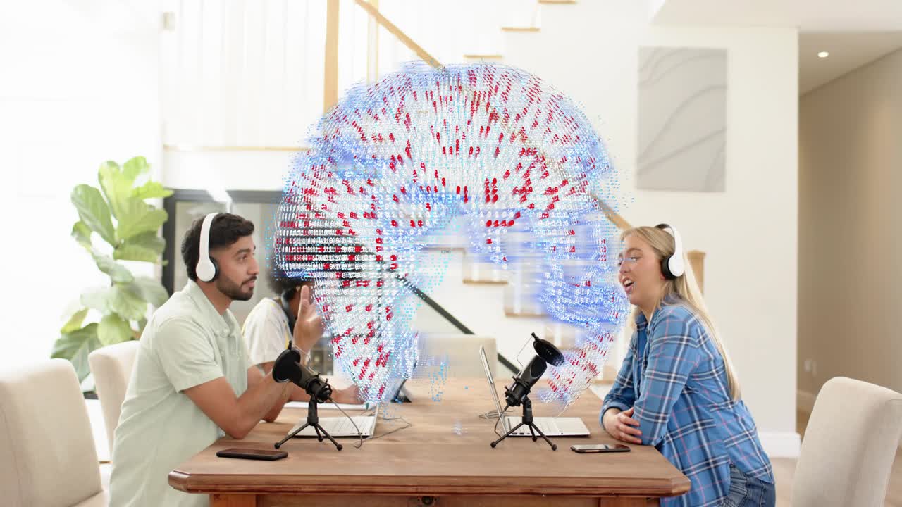 Three hosts at table, globe appearing and animating toward active speaker to visualize podcast flow