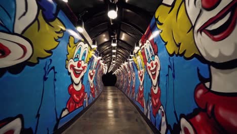 colorful clown murals line a vibrant tunnel, showcasing a whimsical art display that draws viewers into a playful and immersive visual experience