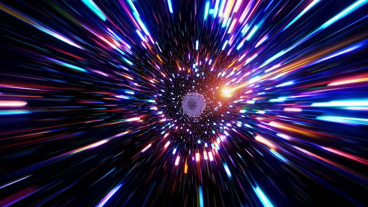 Flying at warp speed through a cosmic time tunnel with colorful streaks of light and particles converging towards a central point, creating a mesmerizing visual effect