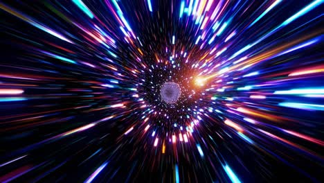 flying at warp speed through a cosmic time tunnel with colorful streaks of light and particles converging towards a central point, creating a mesmerizing visual effect