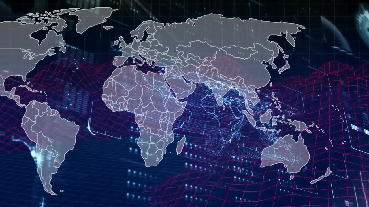 When outline projection appearing map overlay emitting blue dataflows over grid visualizing network