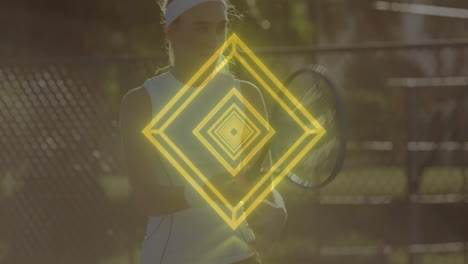 female athlete swinging racket on tennis court, showcasing glowing yellow hexagons for sports tech