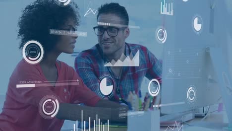 Animation of financial data processing over two diverse business people