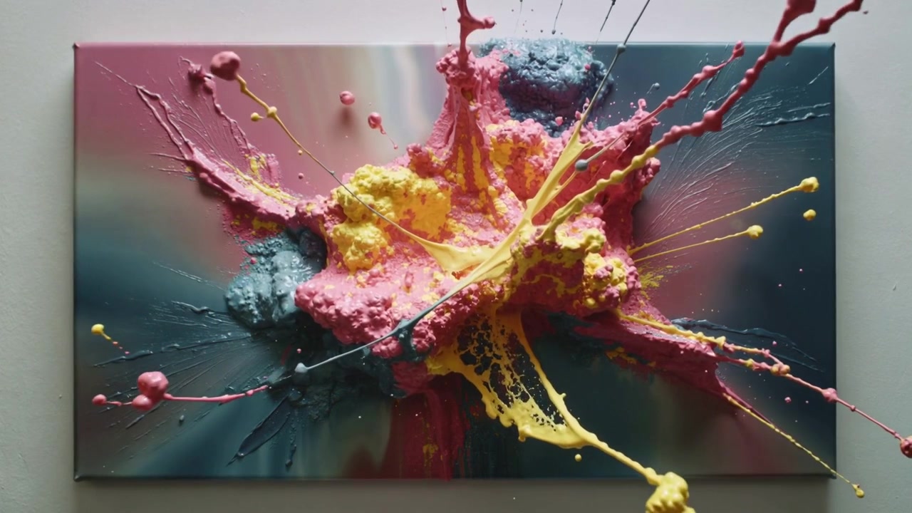 Receiving thick paint impact, stretched canvas developing radial splash in studio, forming texture