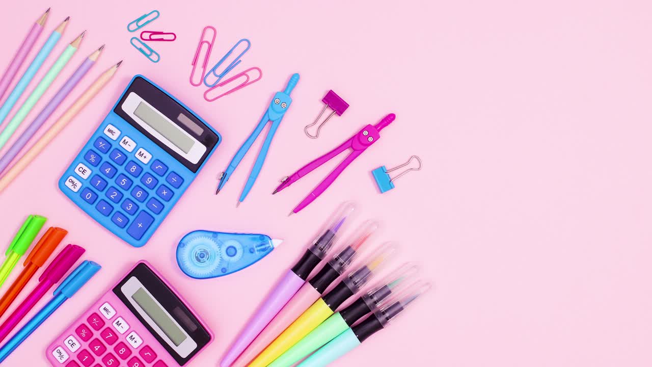 Pastel back to school accessories ordering on left side of pastel pink theme. Stop motion