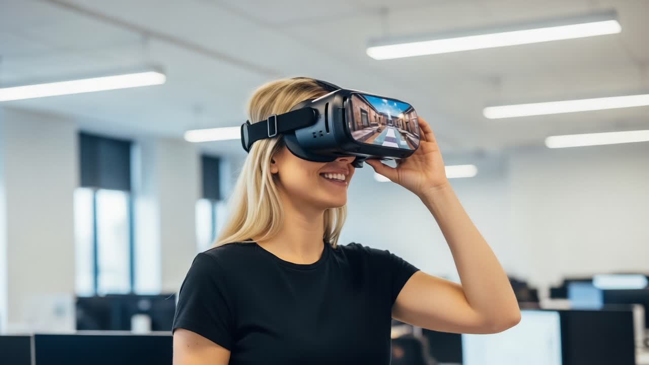 Esplorando la realtà virtuale: una donna impegnata in un'esperienza VR immersiva in un ambiente d'ufficio moderno, che mostra l'impatto della tecnologia sul lavoro e sul gioco.