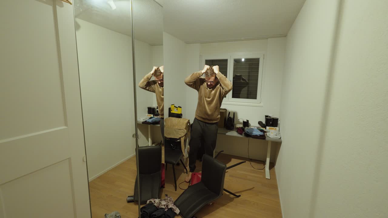 A man stands in a small, messy room after an intense anger outburst, shouting loudly in frustration. The scene shows emotional escalation, rage, destruction