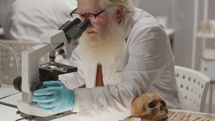 Elderly Scientist Using Microscope and Taking Notes in Archaeology Laboratory