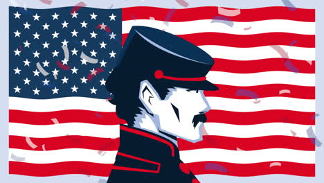 happy memorial day animation with soldier retro profile in usa flag