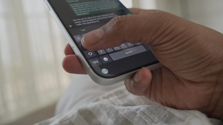 Man hands chatting and typing on smartphone macro closeup. Unrecognisable human typing text message tapping touchscreen keyboard using WhatsApp application, a social media