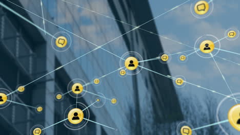 network of connections and communication icons animation over modern office building