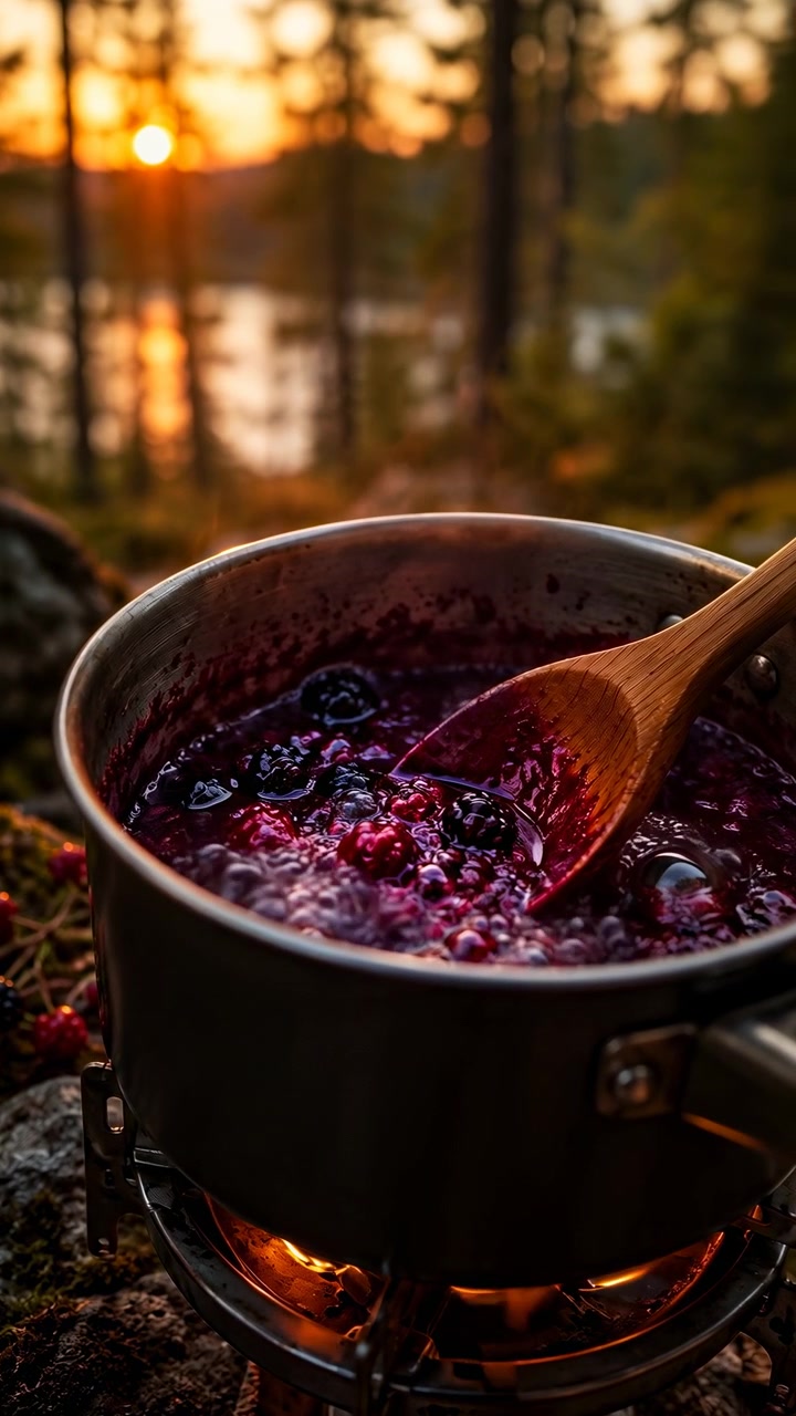 Pentola di metallo con composta di frutti di bosco scuri che sobbolle dolcemente su un fornello da campeggio portatile su terreno roccioso e muschioso accanto a un lago nel bosco, mentre un cucchiaio di legno mescola la ricca miscela di frutta nella calda luce del tramonto.