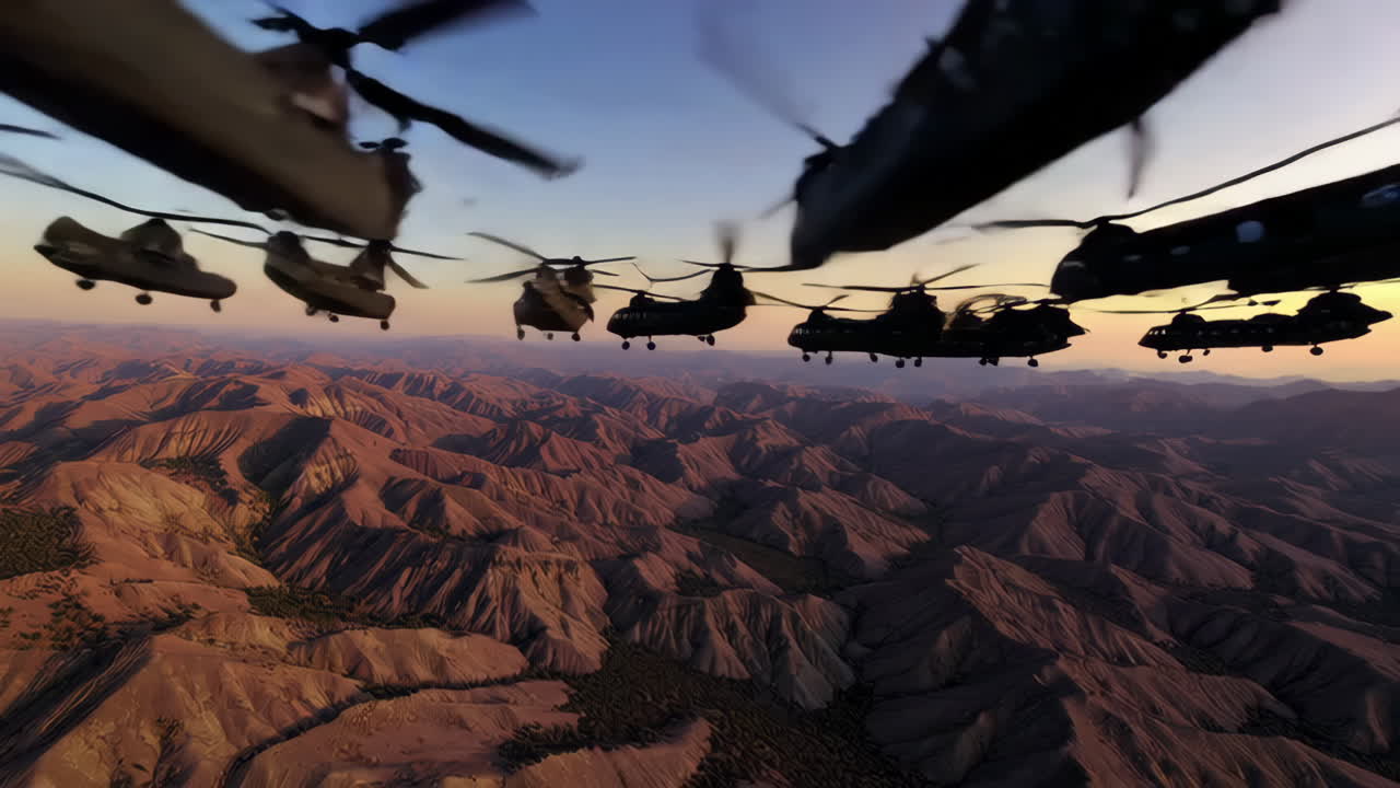 Military Helicopters Over Mountainous Terrain at Sunset