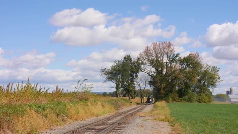 Antique-Steam-Engine-with-Passenger-Cars-Approches-Stright-on-View-on-a-Sunny-Autumn-Day